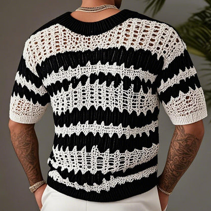 【24-hour shipping out】Men's Knitted Contrast Color V-neck Short-sleeved Sweater T-Shirt 14944957X
