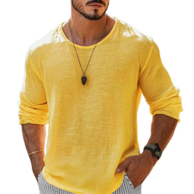 【24-hour shipping out】Men's Casual Cotton Linen Round Neck Loose Long Sleeve T-Shirt MTA1461C1M
