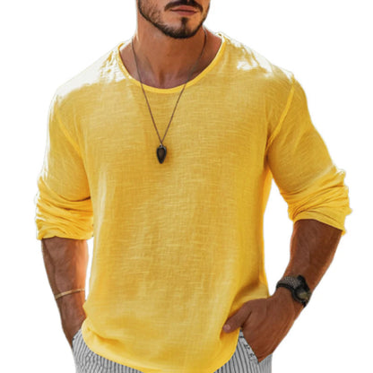 【24-hour shipping out】Men's Casual Cotton Linen Round Neck Loose Long Sleeve T-Shirt MTA1461C1M