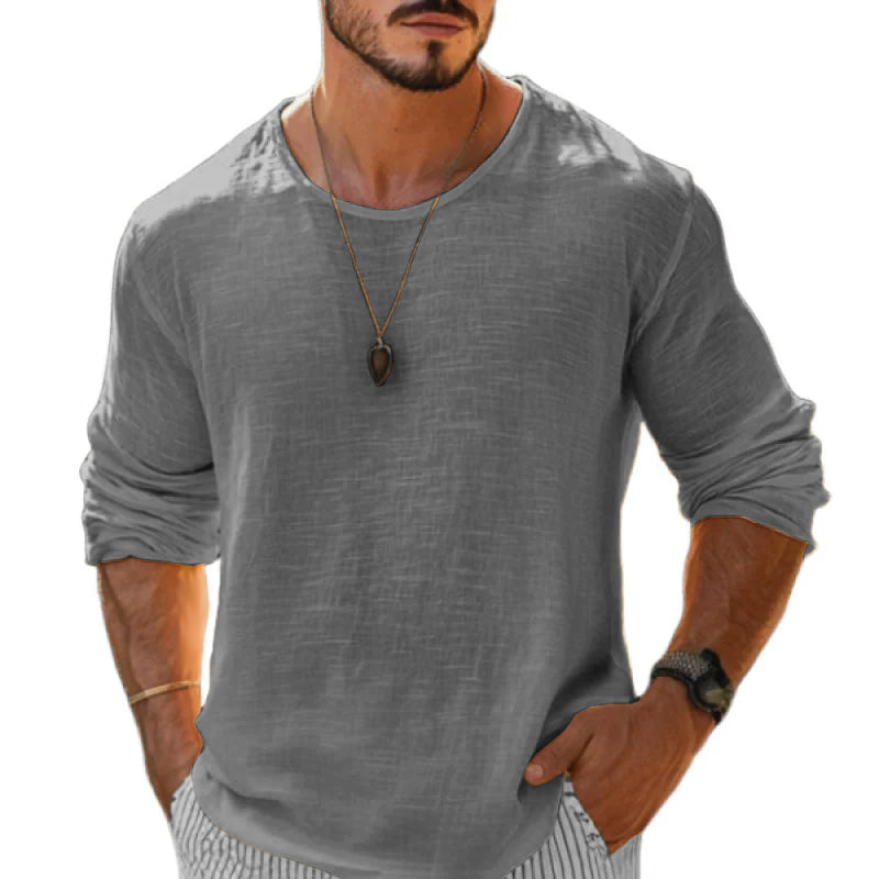 【24-hour shipping out】Men's Casual Cotton Linen Round Neck Loose Long Sleeve T-Shirt MTA1461C1M
