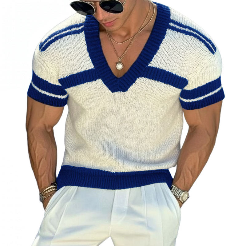 【24-hour shipping out】Men's Casual V-neck Striped Jacquard Slim Fit Knitted Short-sleeved Sweater T-Shirt 13072472M