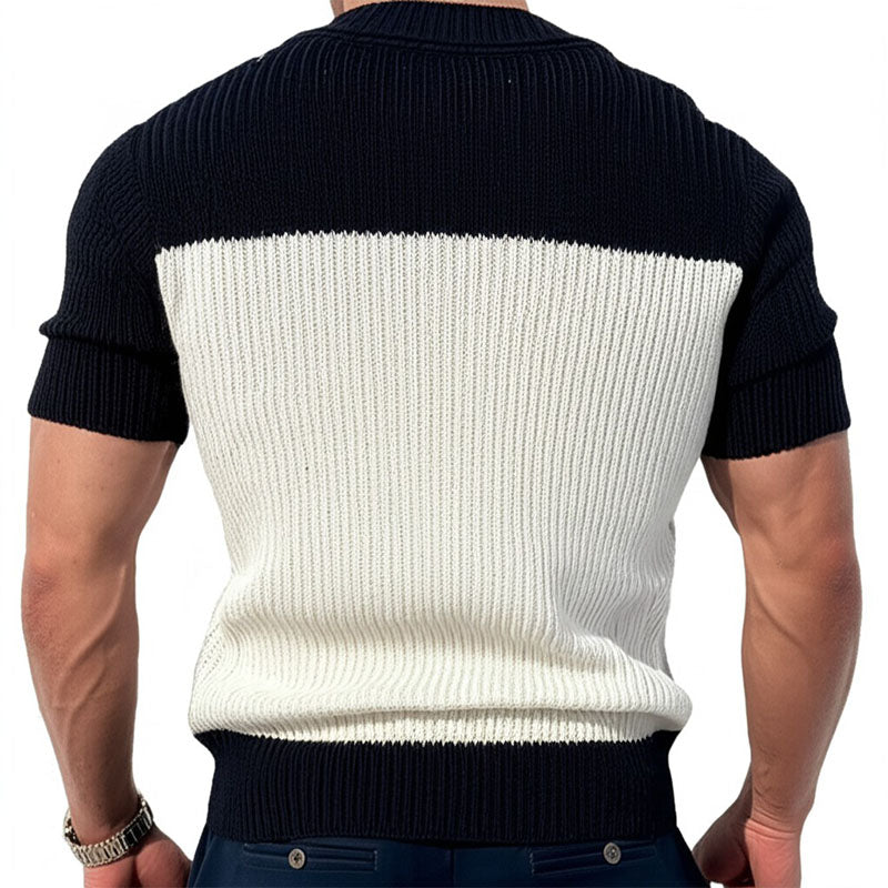 Men's Casual Contrast Color V-Neck Slim Fit Knitted Short Sleeve Sweater T-Shirt MTA1727C6M
