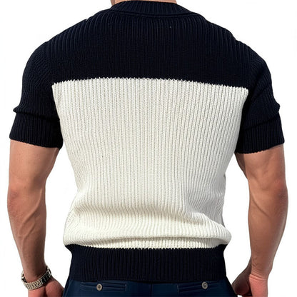 Men's Casual Contrast Color V-Neck Slim Fit Knitted Short Sleeve Sweater T-Shirt MTA1727C6M