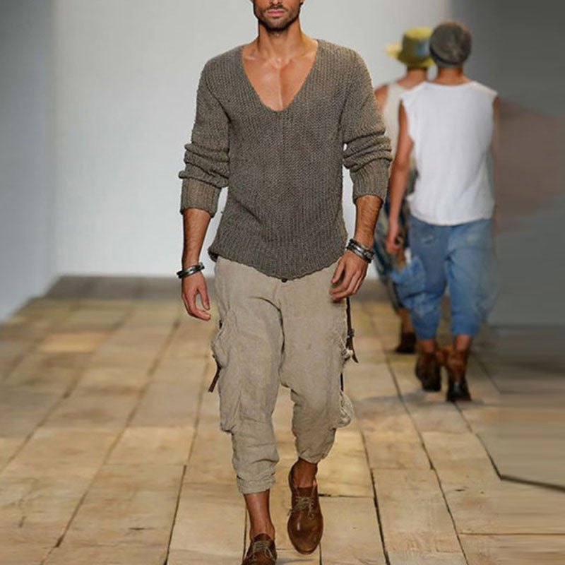 Men's Casual Solid Color V-Neck Loose Knit Pullover Sweater 18392900M