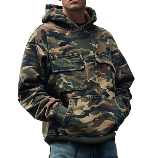Men's Vintage Camouflage Printed Cotton Blend Flap Pocket Long-Sleeved Hoodie 44391826M