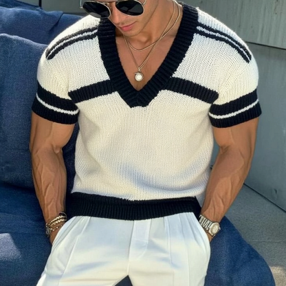 【24-hour shipping out】Men's Casual V-neck Striped Jacquard Slim Fit Knitted Short-sleeved Sweater T-Shirt 13072472M