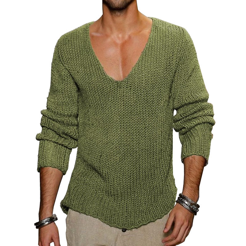 Men's Casual Solid Color V-Neck Loose Knit Pullover Sweater 18392900M