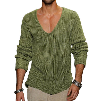 Men's Casual Solid Color V-Neck Loose Knit Pullover Sweater 18392900M