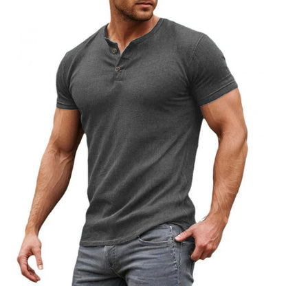 【24-hour shipping out】Men's Casual Solid Cotton Blend Slim Fit Henley Neck Short Sleeve T-Shirt 32673533M