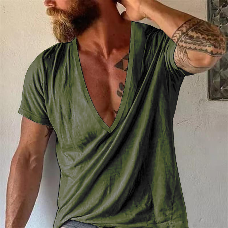 【24-hour shipping out】Men's Casual Solid Color Breathable Cotton V-Neck Short-Sleeved T-Shirt 19594146M