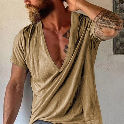 【24-hour shipping out】Men's Casual Solid Color Breathable Cotton V-Neck Short-Sleeved T-Shirt 19594146M