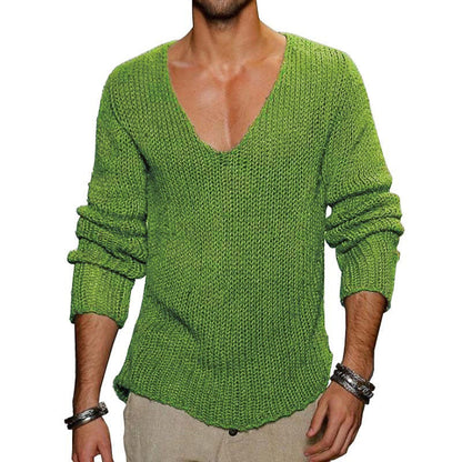 Men's Casual Solid Color V-Neck Loose Knit Pullover Sweater 18392900M