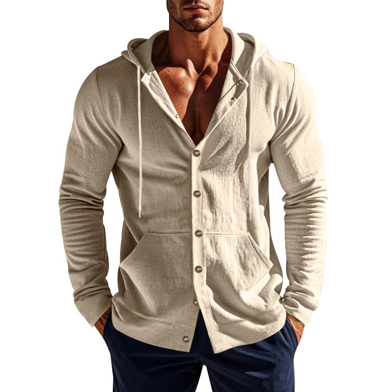 Men's Casual Cotton And Linen Long Sleeve Single Breasted Hoodie MTA1628E3X