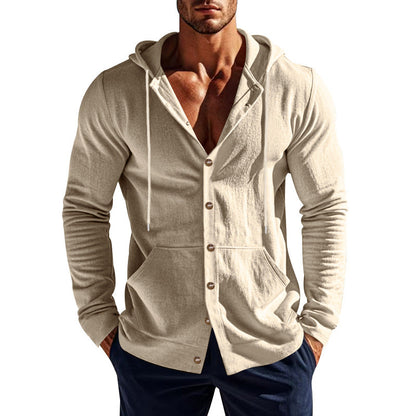 Men's Casual Cotton And Linen Long Sleeve Single Breasted Hoodie MTA1628E3X