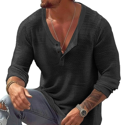 Men's Casual Breathable Cotton Linen U Neck Long-Sleeved T-Shirt 92358906M