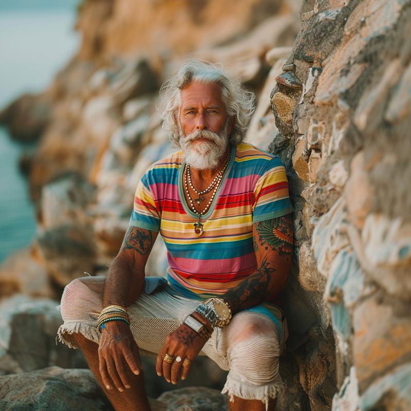 Men's Vintage Rainbow Stripe Print Crew Cotton Short Sleeve T-Shirt 23747948Y