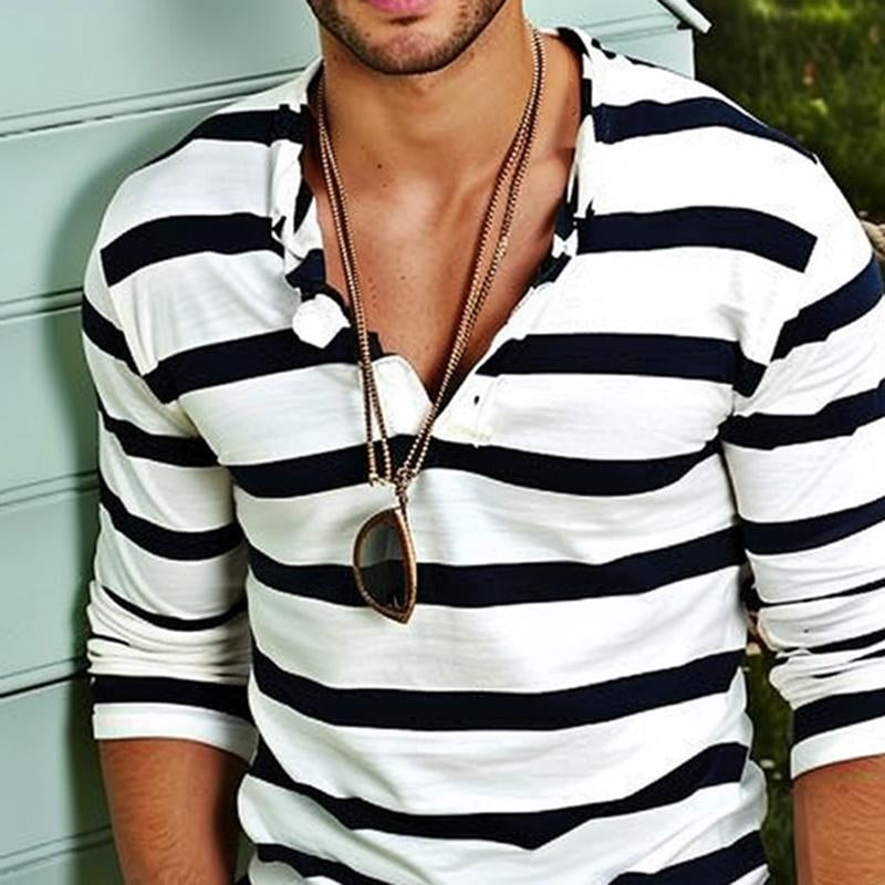 Men's Casual Striped Henley Collar Cotton Blend Long Sleeve T-Shirt 74002086Y