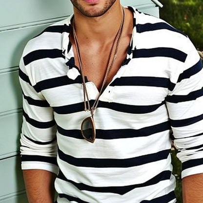 Men's Casual Striped Henley Collar Cotton Blend Long Sleeve T-Shirt 74002086Y