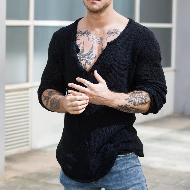 Men's Casual V Neck Long Sleeve Slim Fit Knitted Sweater 30697065M