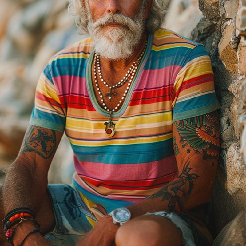 Men's Vintage Rainbow Stripe Print Crew Cotton Short Sleeve T-Shirt 23747948Y