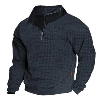 Men's Outdoor Cotton Blend Waffle Stand Collar Zipper Long Sleeve Sweatshirt 24099781M