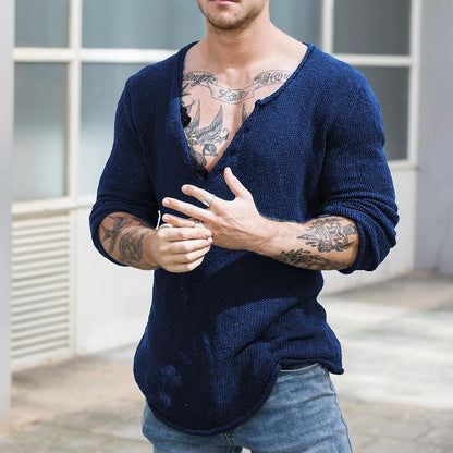Men's Casual V Neck Long Sleeve Slim Fit Knitted Sweater 30697065M