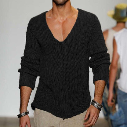 Men's Casual Solid Color V-Neck Loose Knit Pullover Sweater 18392900M