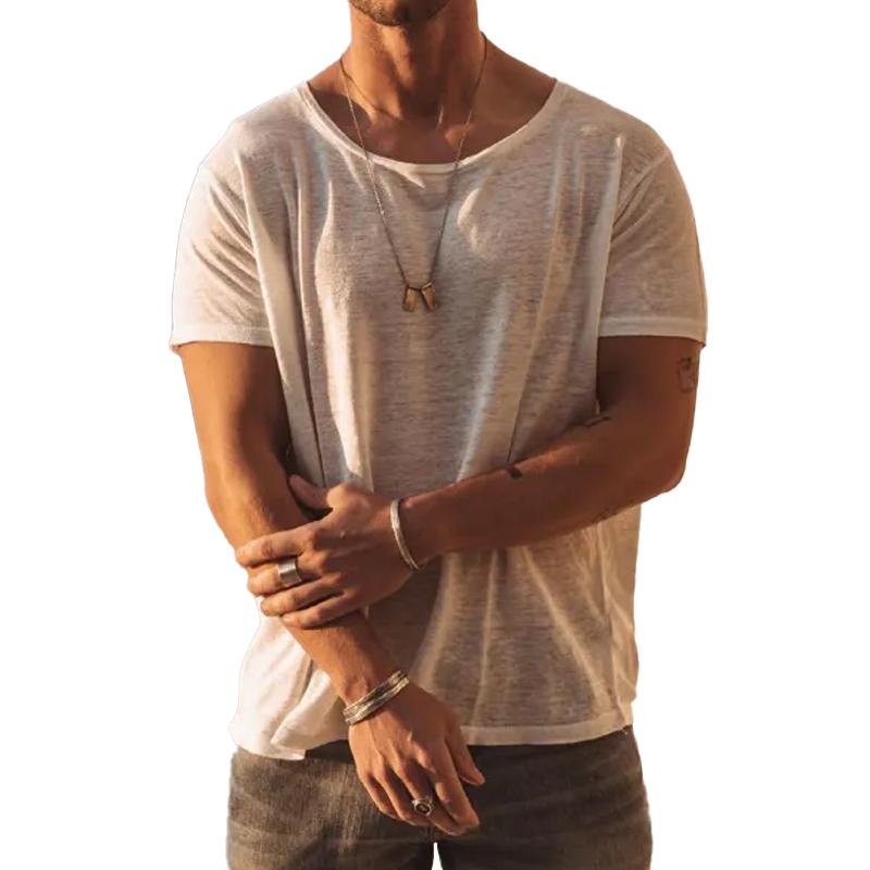 【24-hour shipping out】Men's Casual Solid Color Loose Round Neck Slub Cotton Short Sleeve T-Shirt 53669259Y