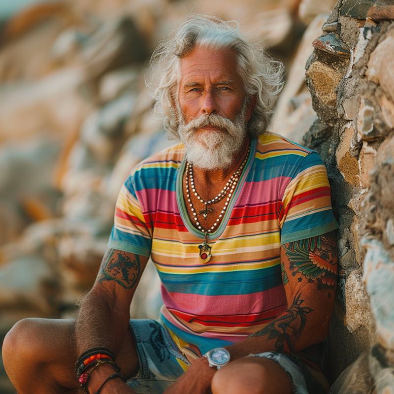 Men's Vintage Rainbow Stripe Print Crew Cotton Short Sleeve T-Shirt 23747948Y