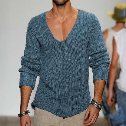 Men's Casual Solid Color V-Neck Loose Knit Pullover Sweater 18392900M