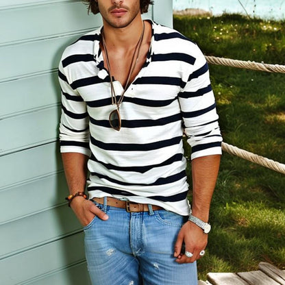 Men's Casual Striped Henley Collar Cotton Blend Long Sleeve T-Shirt 74002086Y