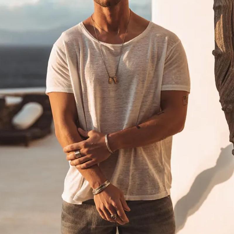 【24-hour shipping out】Men's Casual Solid Color Loose Round Neck Slub Cotton Short Sleeve T-Shirt 53669259Y