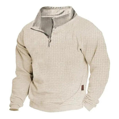 Men's Outdoor Cotton Blend Waffle Stand Collar Zipper Long Sleeve Sweatshirt 24099781M