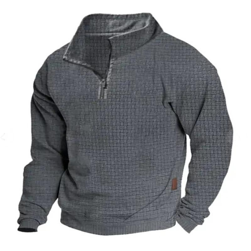 Men's Outdoor Cotton Blend Waffle Stand Collar Zipper Long Sleeve Sweatshirt 24099781M