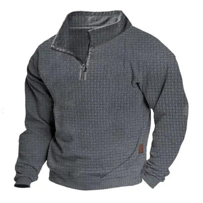 Men's Outdoor Cotton Blend Waffle Stand Collar Zipper Long Sleeve Sweatshirt 24099781M