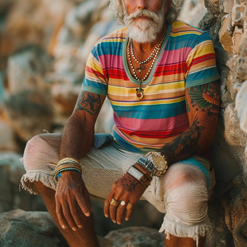 Men's Vintage Rainbow Stripe Print Crew Cotton Short Sleeve T-Shirt 23747948Y