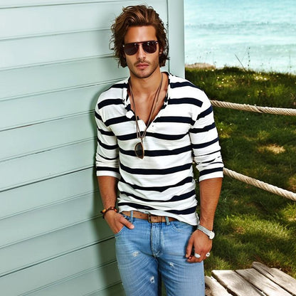 Men's Casual Striped Henley Collar Cotton Blend Long Sleeve T-Shirt 74002086Y