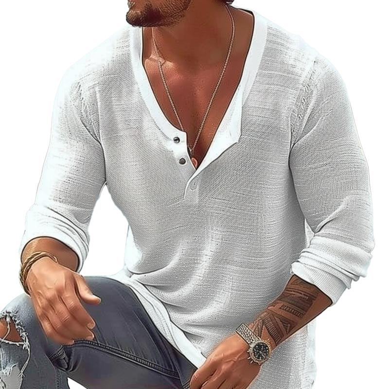 Men's Casual Breathable Cotton Linen U Neck Long-Sleeved T-Shirt 92358906M