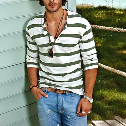 Men's Casual Striped Henley Collar Cotton Blend Long Sleeve T-Shirt 74002086Y