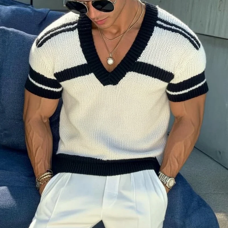 【24-hour shipping out】Men's Casual V-neck Striped Jacquard Slim Fit Knitted Short-sleeved Sweater T-Shirt 13072472M